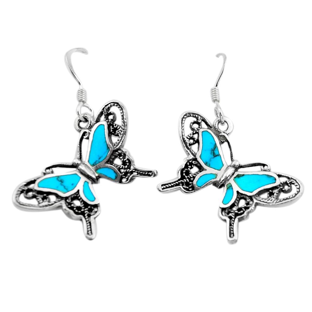 4.02gms fine blue turquoise enamel 925 sterling silver butterfly earrings c2561