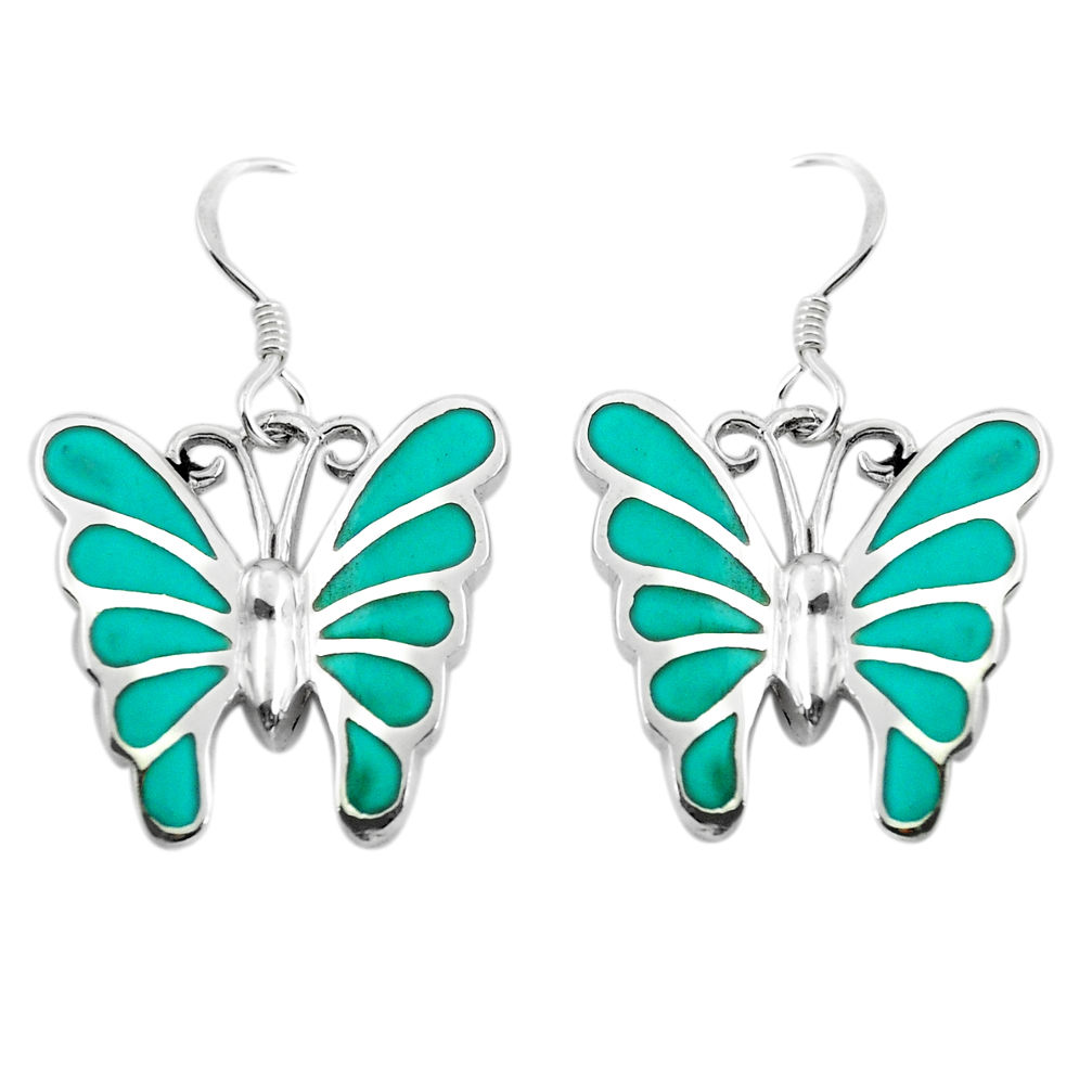 LAB 6.69gms fine green turquoise enamel 925 sterling silver butterfly earrings c2563