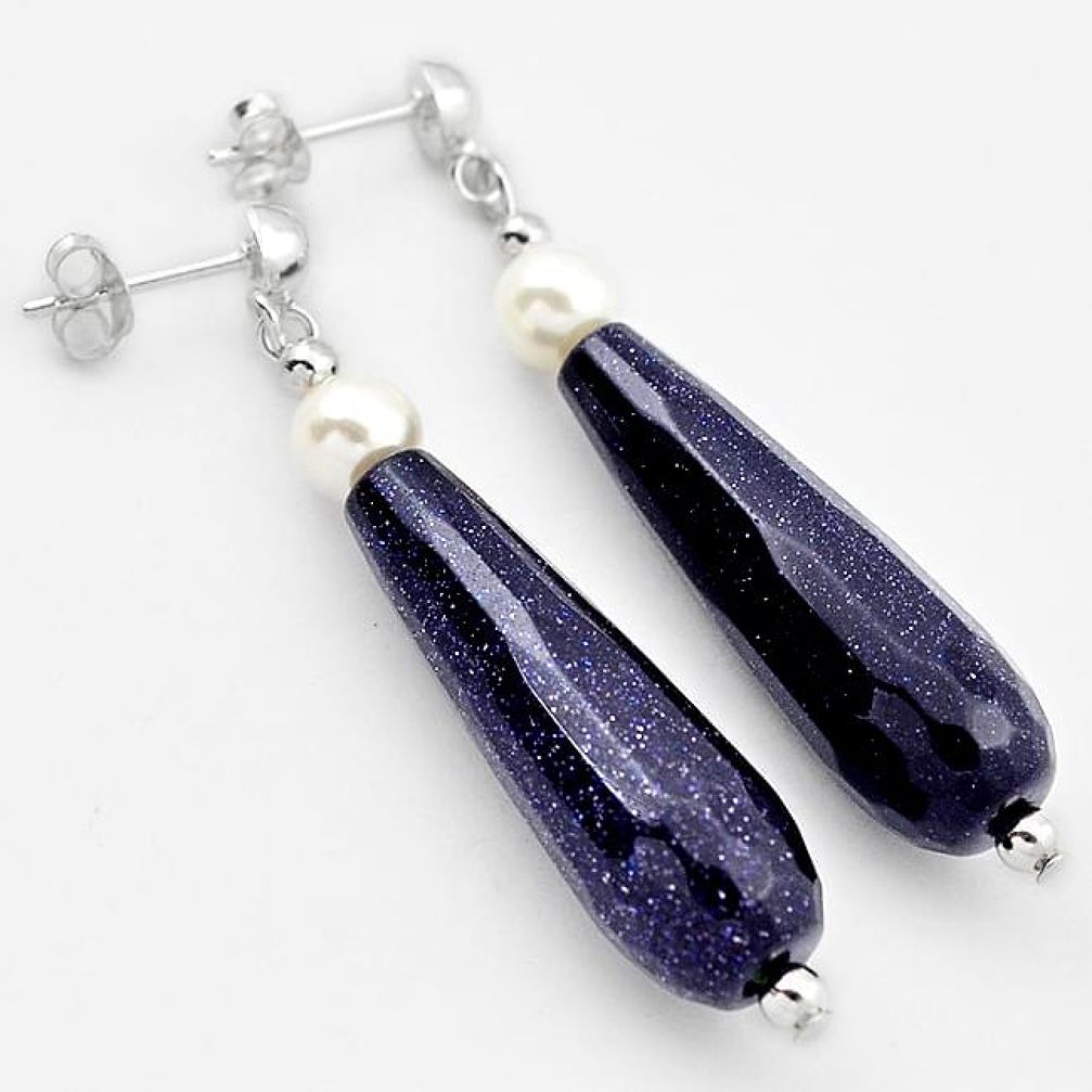 GORGEOUS NATURAL BLUE GOLDSTONE PEARL 925 STERLING SILVER DANGLE EARRINGS H40179