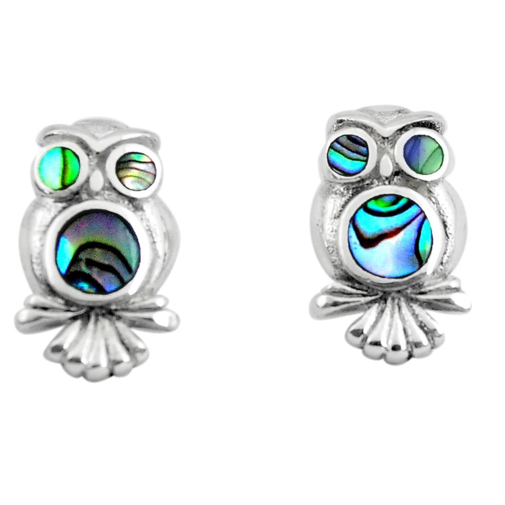 4.25gms green abalone paua seashell enamel 925 silver owl earrings c2571