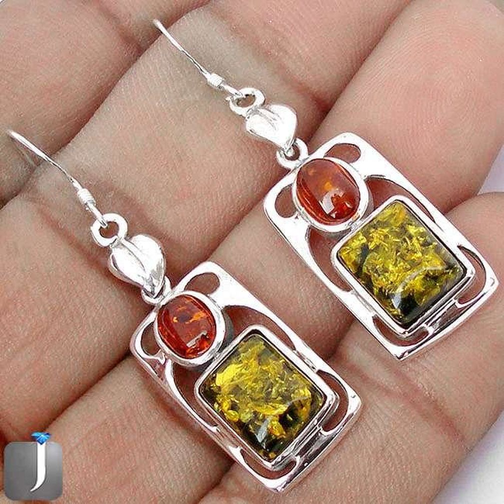 GREEN AMBER FROM COLOMBIA AMBER 925 STERLING SILVER EARRINGS JEWELRY G74289