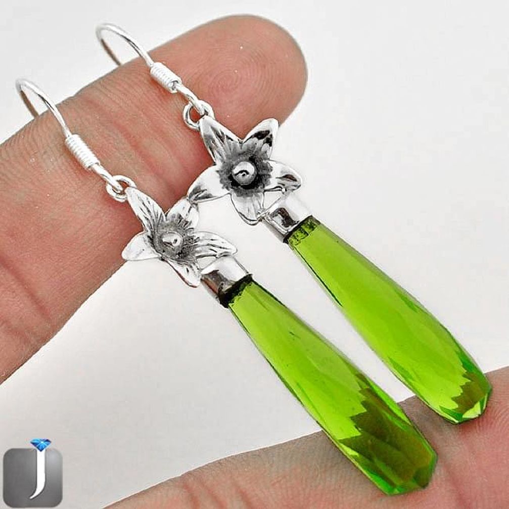 21.02cts GREEN PARROT QUARTZ 925 STERLING SILVER DANGLE EARRINGS JEWELRY F18642