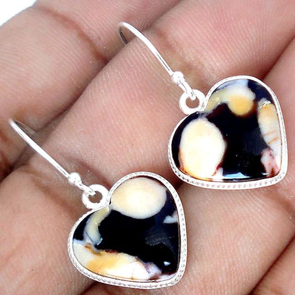 HEART PEANUT PETRIFIED WOOD FOSSIL DANGLE EARRINGS 925 STERLING SILVER G84927