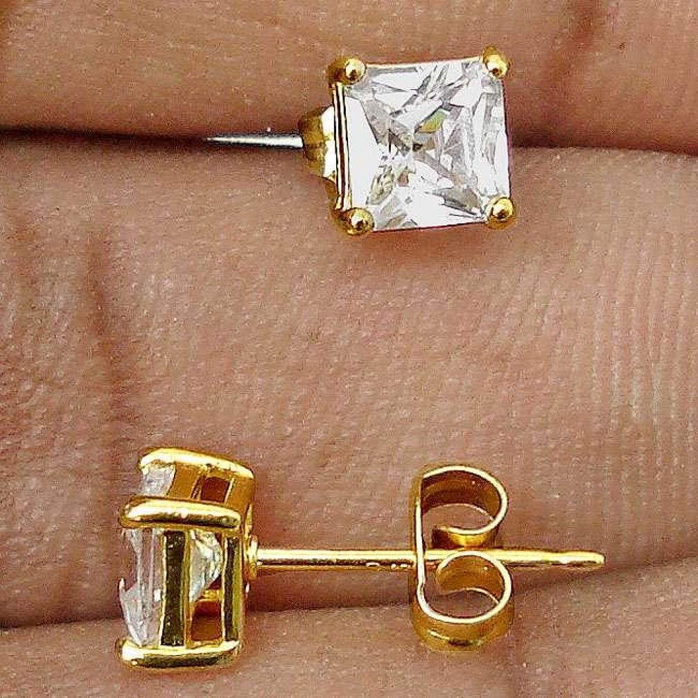 INCREDIBLE 925 STERLING SILVER 14K GOLD STUD EARRINGS NATURAL WHITE TOPAZ H16167