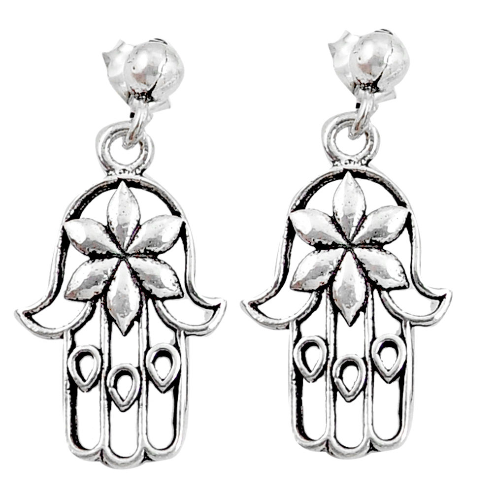 3.89gms indonesian bali style solid 925 silver hand of god hamsa earrings c3656