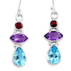11.15cts 3 stone natural blue topaz amethyst garnet 925 silver earrings y81722