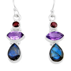 925 silver 11.15cts 3 stone labradorite amethyst garnet dangle earrings y81739