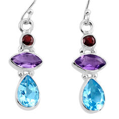 925 silver 10.73cts 3 stone natural blue topaz amethyst garnet earrings y81723