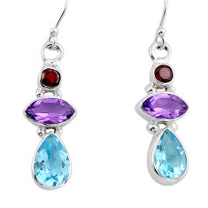 925 silver 11.57cts 3 stone natural blue topaz amethyst garnet earrings y81737