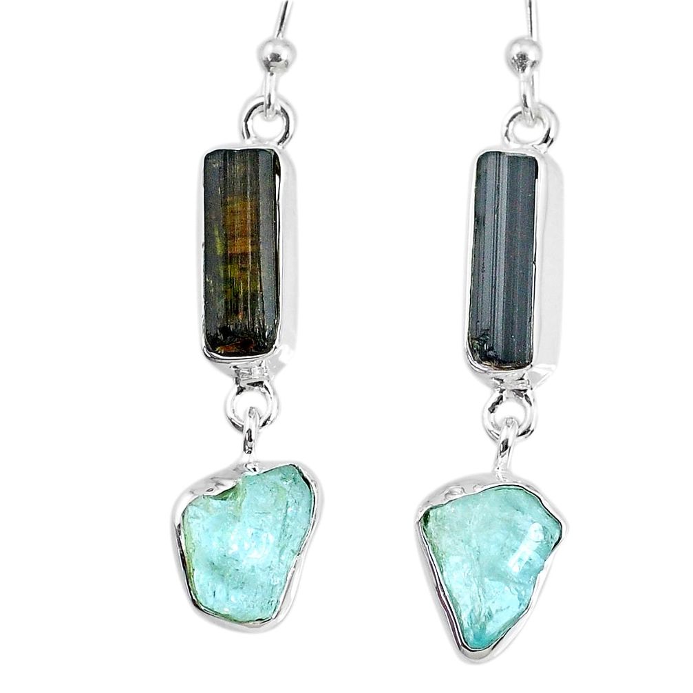 925 silver 12.10cts aquamarine black tourmaline raw dangle earrings r74315