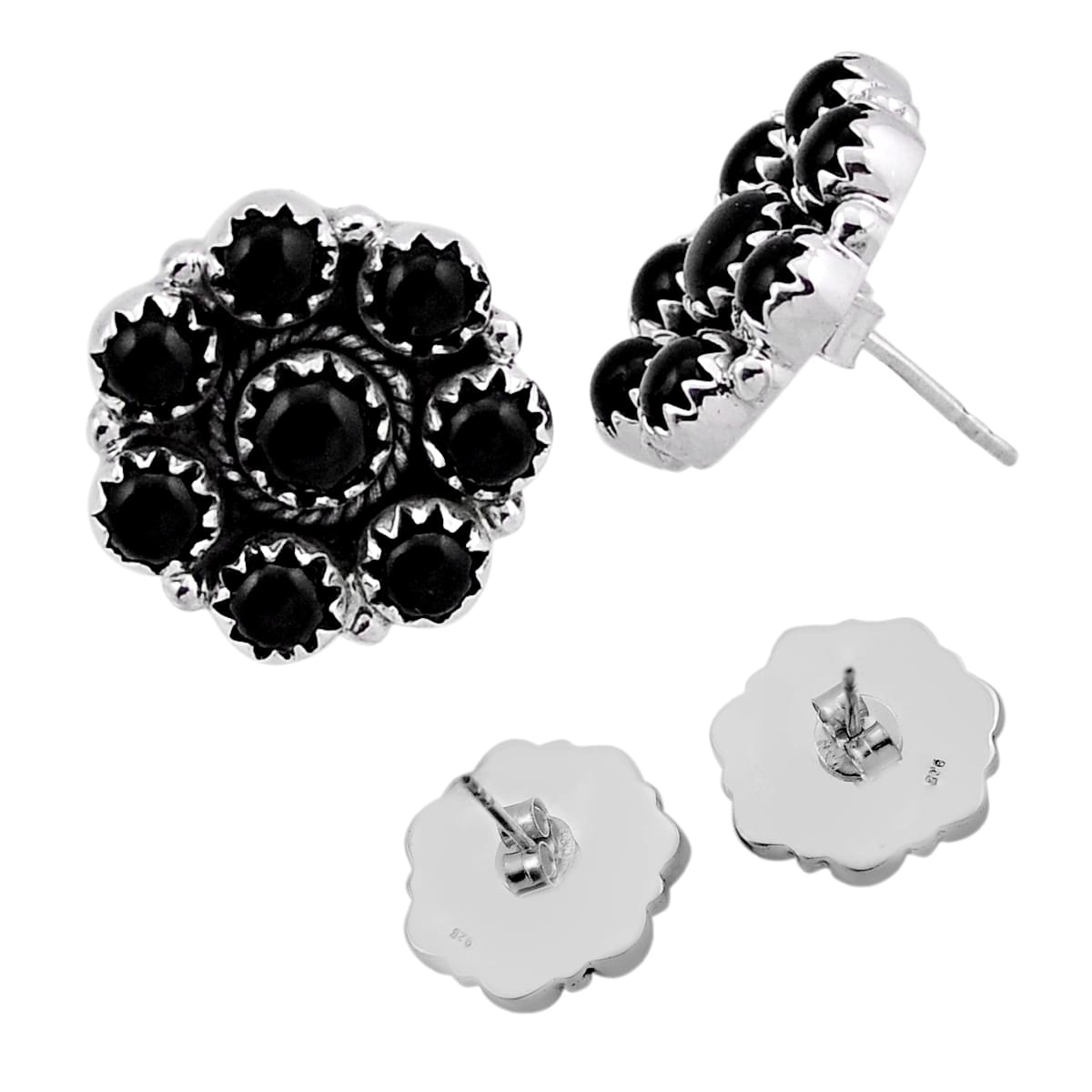 925 Silver Back Closed Natural Black Onyx Stud Flower