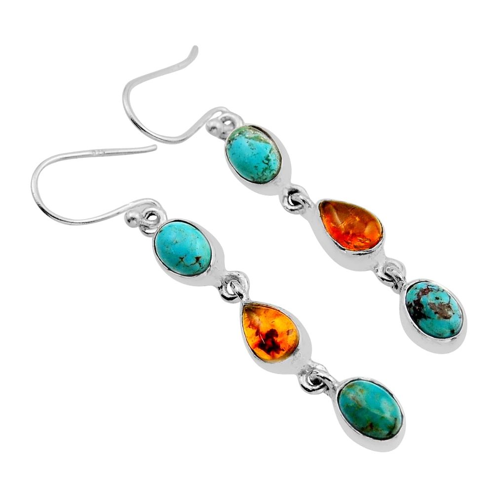 925 silver 8.69cts baltic amber kingman turquoise dangle earrings jewelry n3277