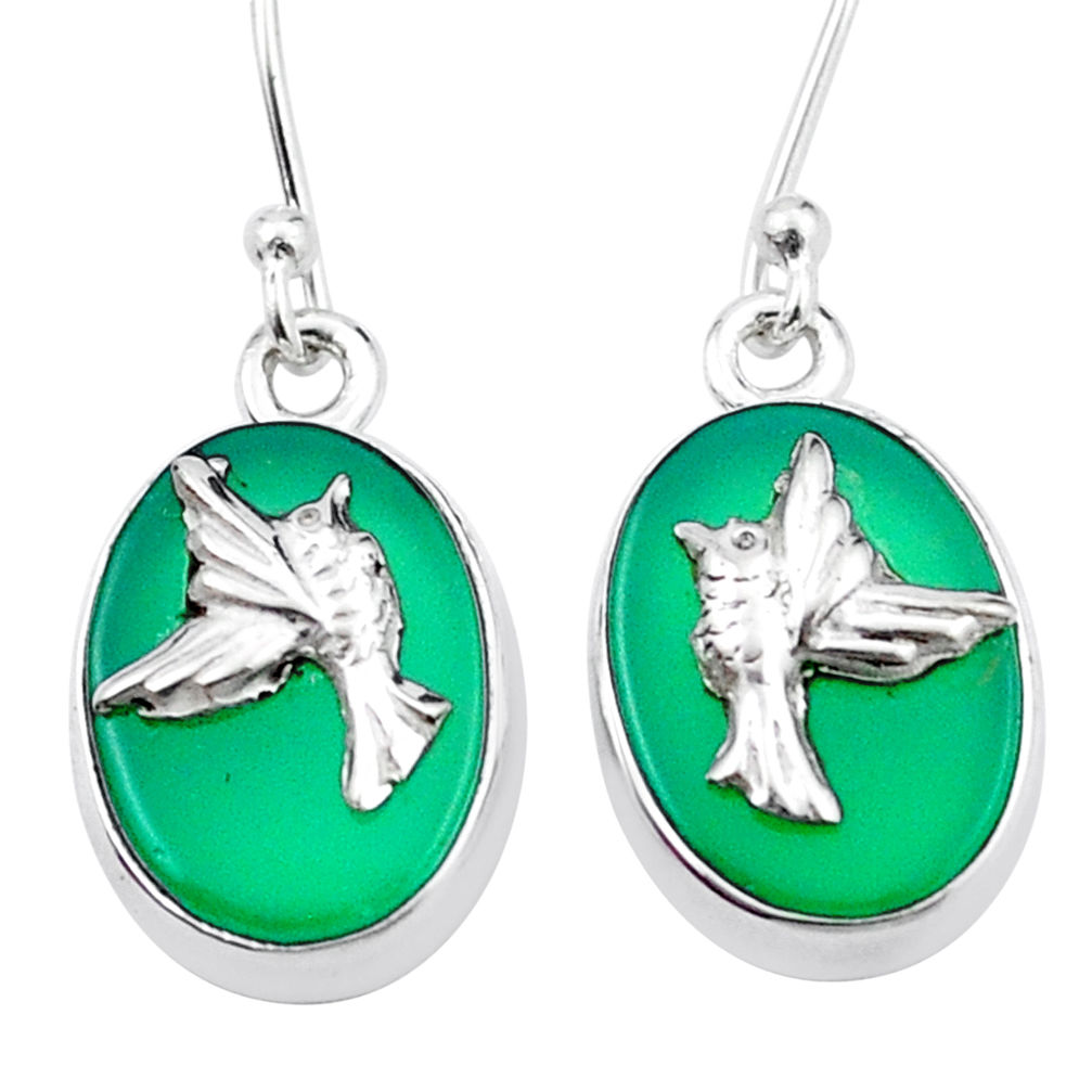 925 silver 10.56cts birds charm natural green chalcedony coin enamel earrings jewelry u34714