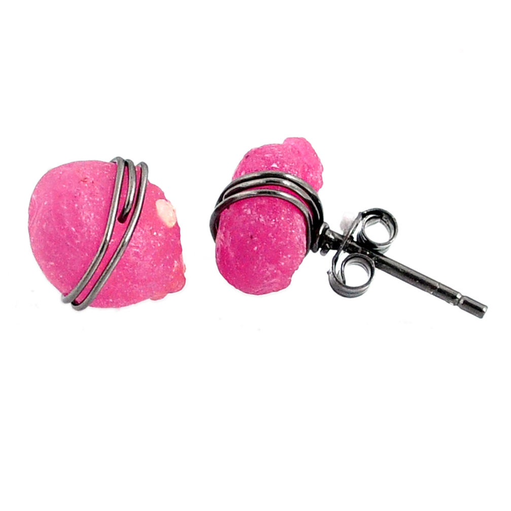 925 silver 8.43cts black rhodium natural pink ruby raw stud earrings r79657