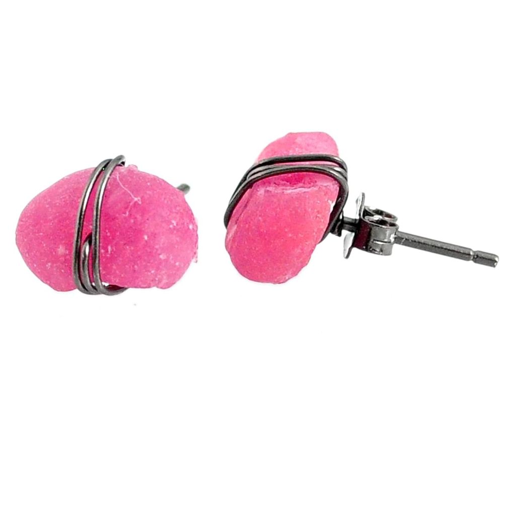 925 silver 9.13cts black rhodium natural pink ruby raw stud earrings r79660