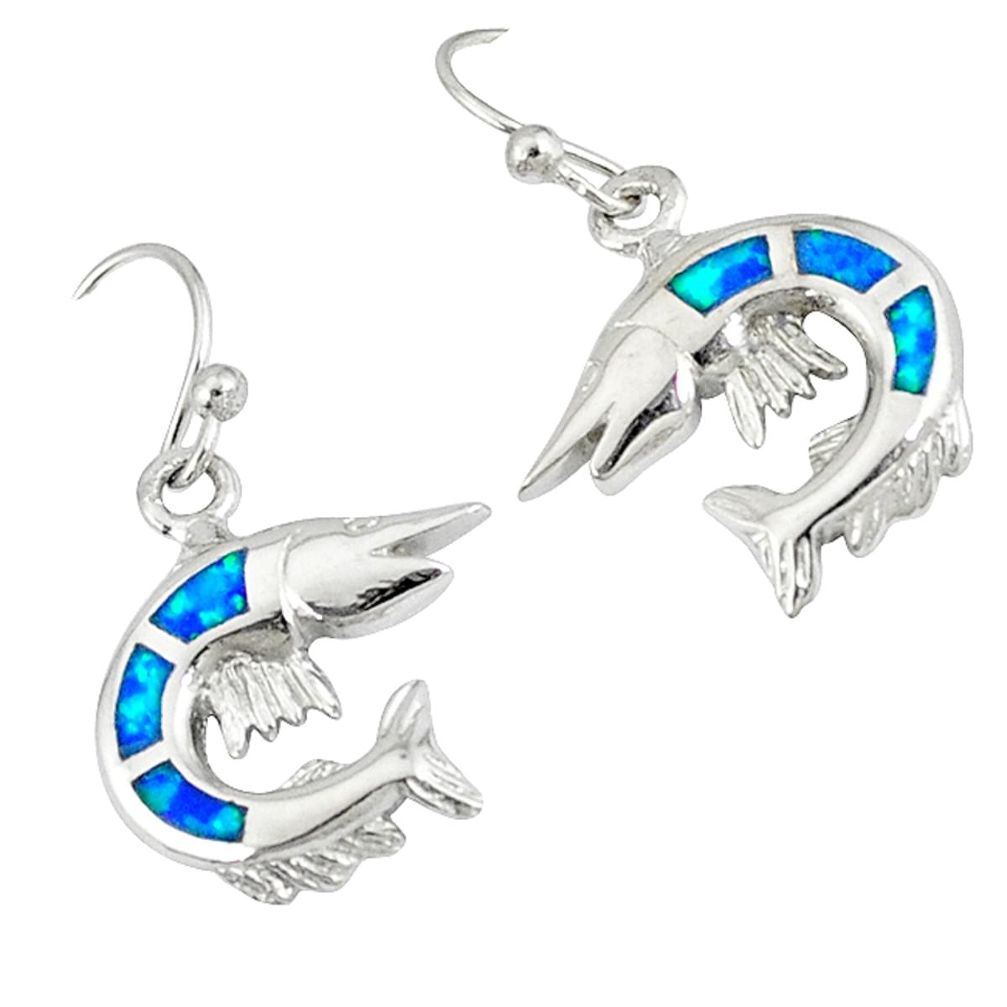 925 sterling silver blue australian opal (lab) fish earrings jewelry c15543