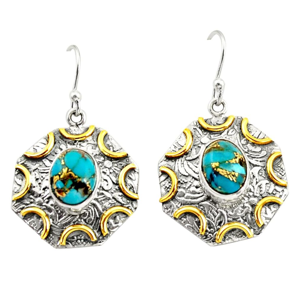 925 silver 6.36cts blue copper turquoise 14k gold dangle earrings r37184