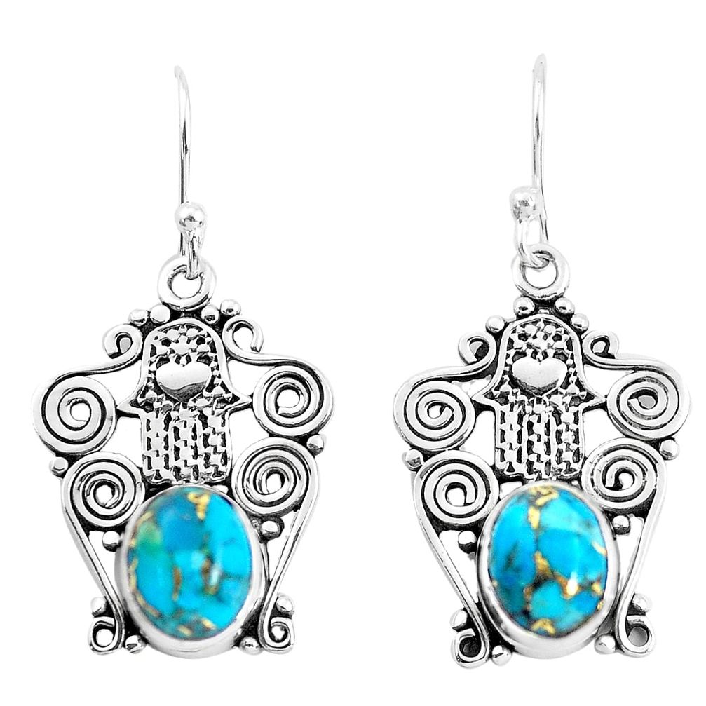 925 silver 6.03cts blue copper turquoise hand of god hamsa earrings p51935