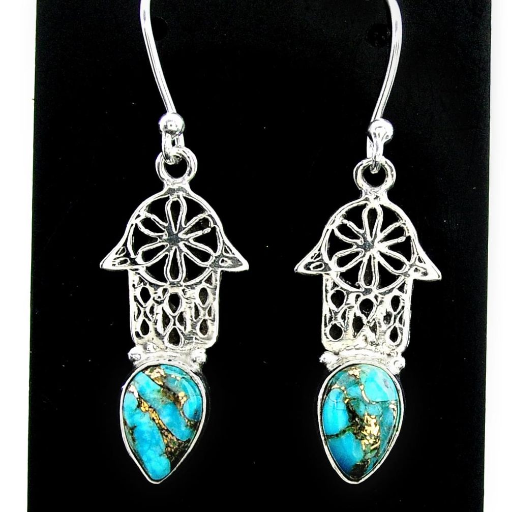 925 silver 3.83cts blue copper turquoise hand of god hamsa earrings t37378