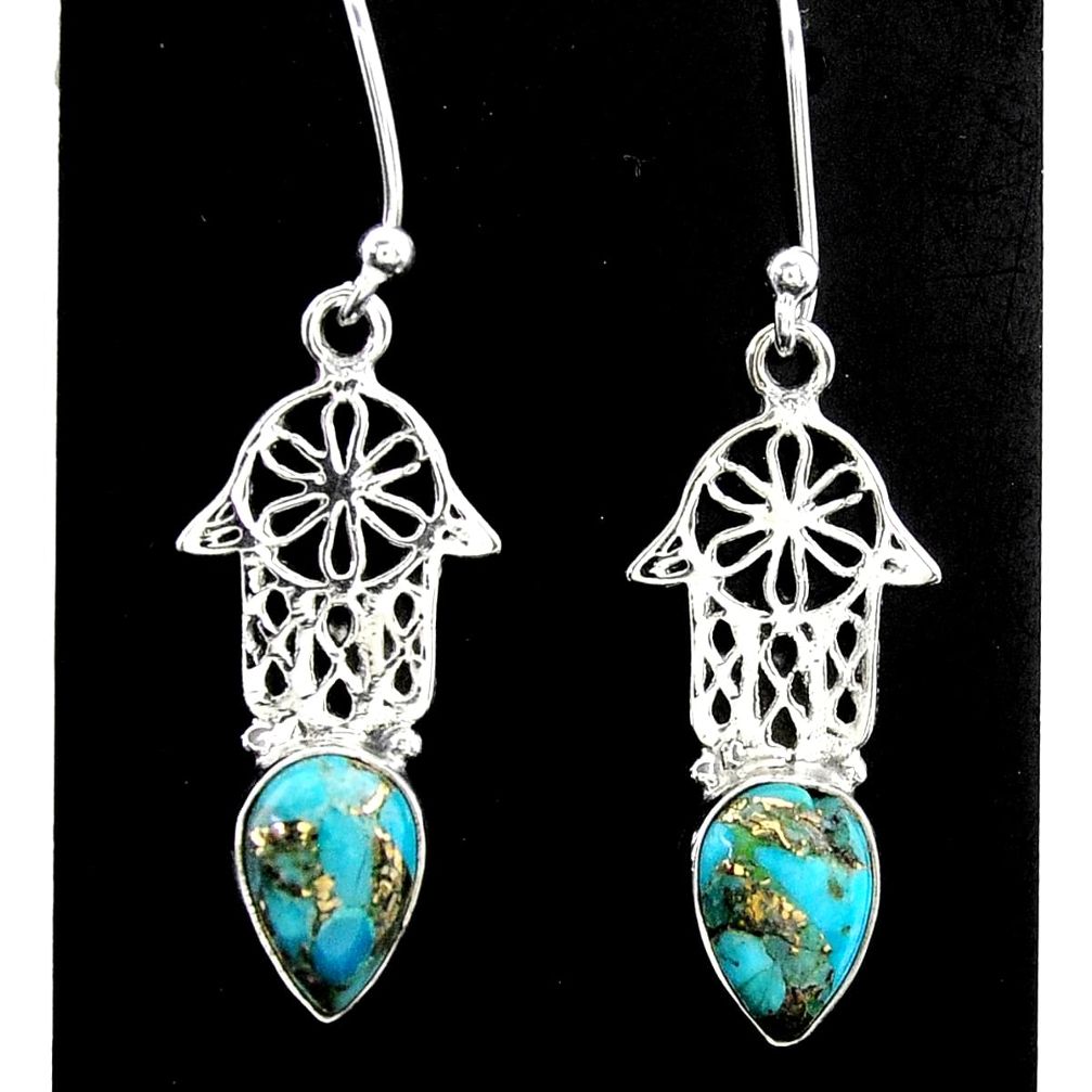 925 silver 3.98cts blue copper turquoise hand of god hamsa earrings t37384