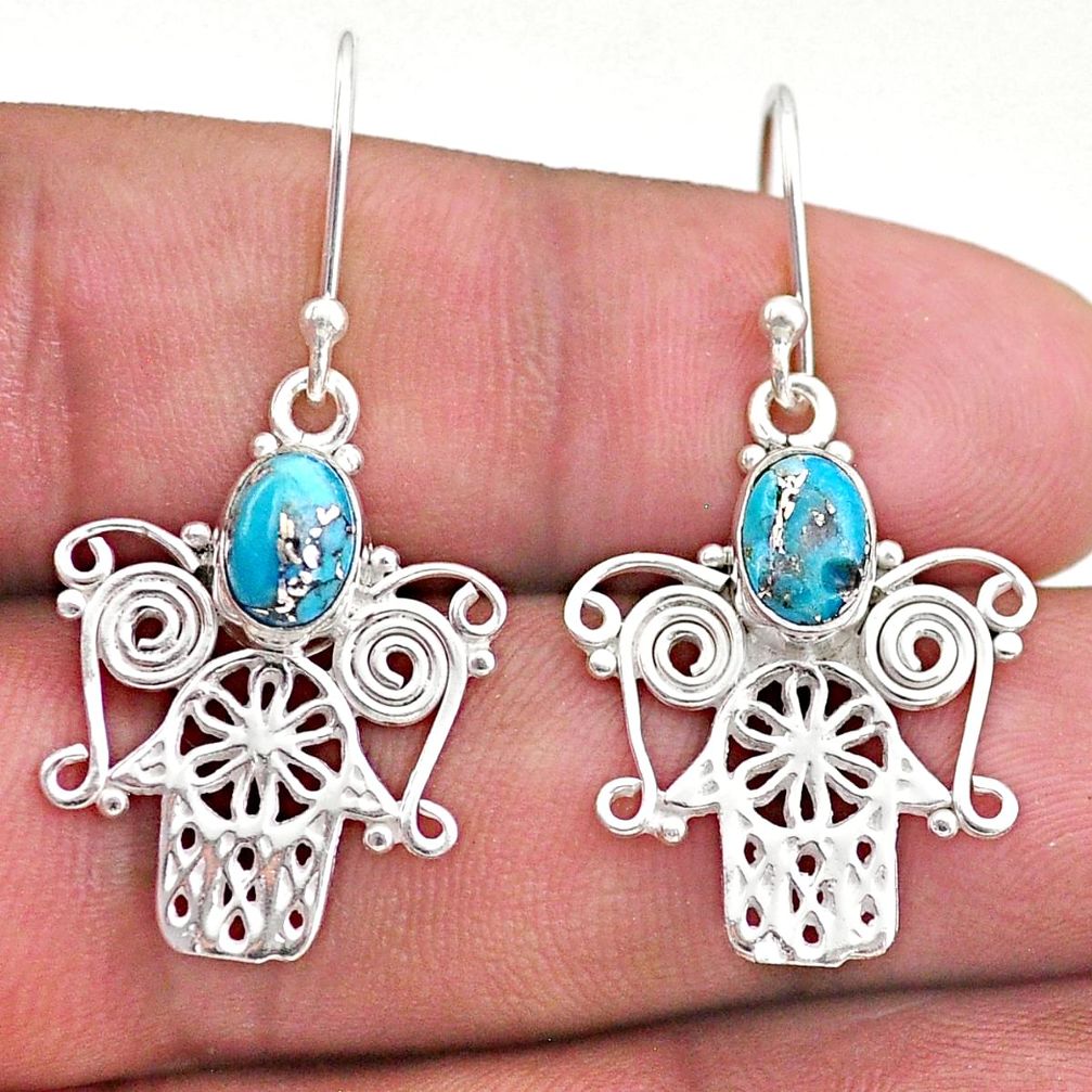 925 silver 3.40cts blue copper turquoise hand of god hamsa earrings t46949