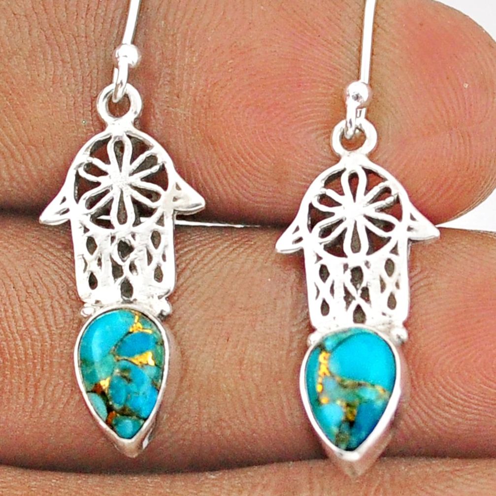 925 silver 4.18cts blue copper turquoise hand of god hamsa earrings t95755
