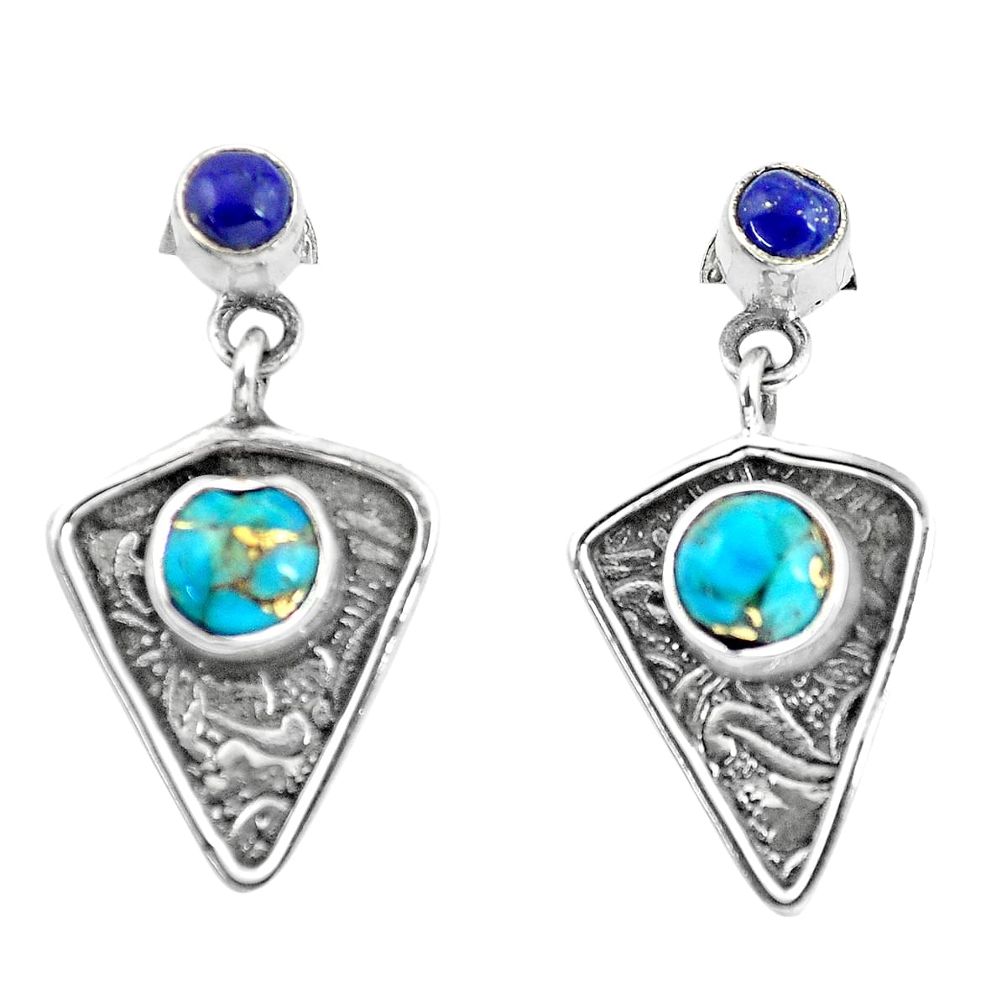 925 silver 4.47cts blue copper turquoise lapis lazuli dangle earrings p57591