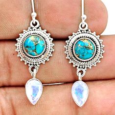 925 silver 9.04cts blue copper turquoise moonstone dangle earrings u33523