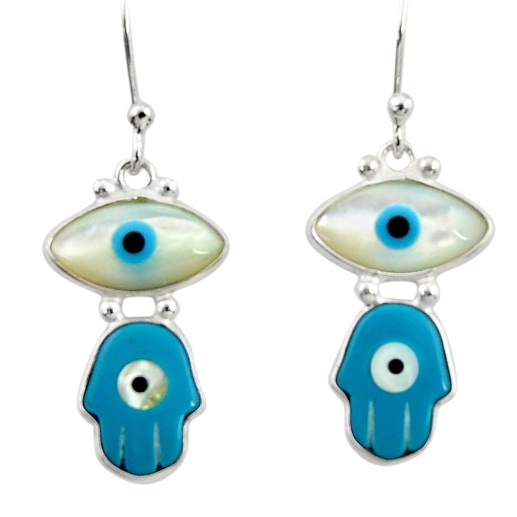 925 silver 6.97cts blue evil eye talismans hand of god hamsa earrings r33019