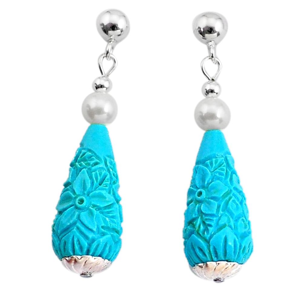 925 silver 16.83cts (LAB) sleeping beauty turquoise pearl dangle earrings c27352