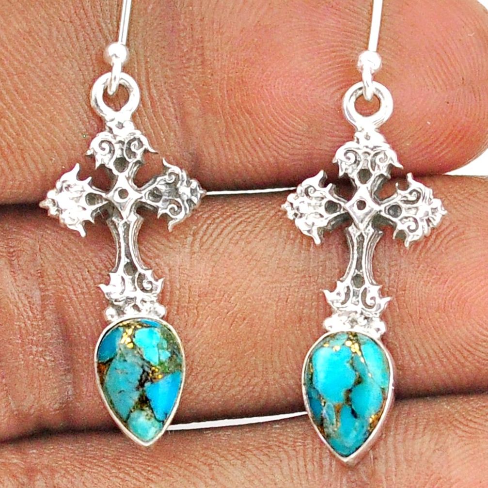 925 silver 4.71cts celtic cross blue copper turquoise dangle earrings t95747