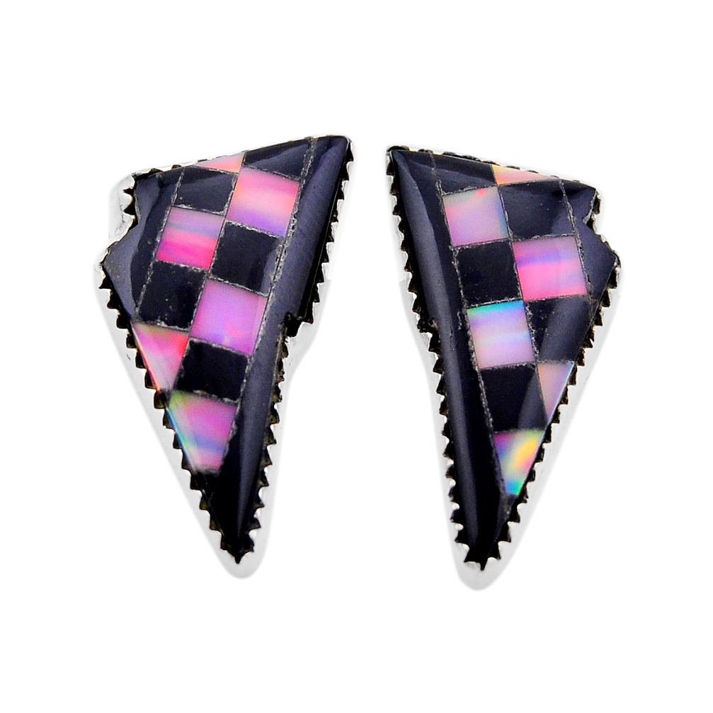 925 silver 12.09cts checker black pink strip opal fancy stud earrings n53342