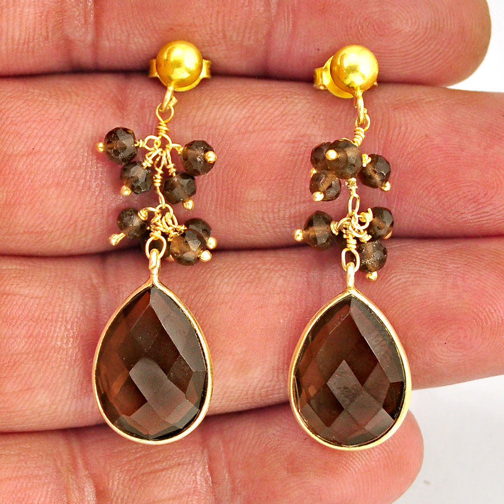 925 silver 16.97cts checker cut brown smoky topaz gold dangle earrings y74706