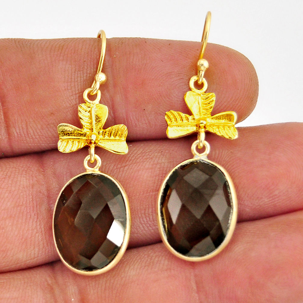 925 silver 15.82cts checker cut brown smoky topaz gold dangle earrings y74717