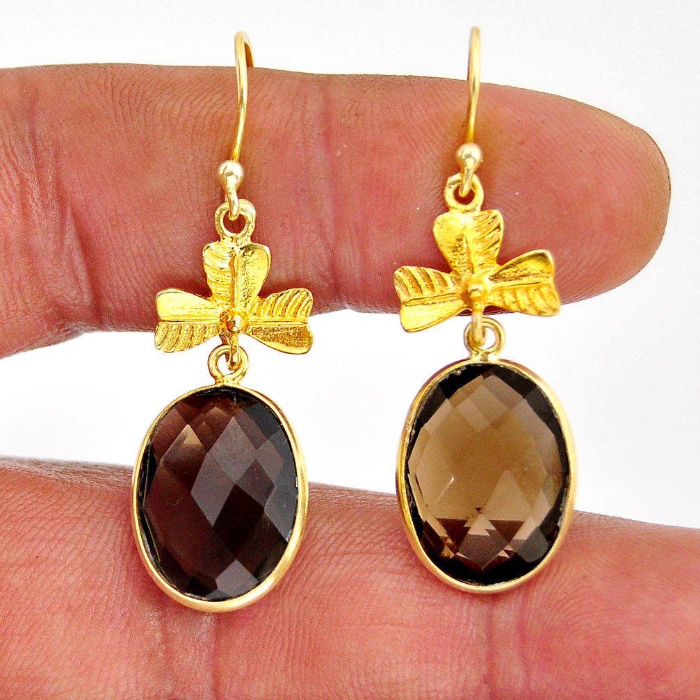 925 silver 15.76cts checker cut brown smoky topaz gold dangle earrings y74720