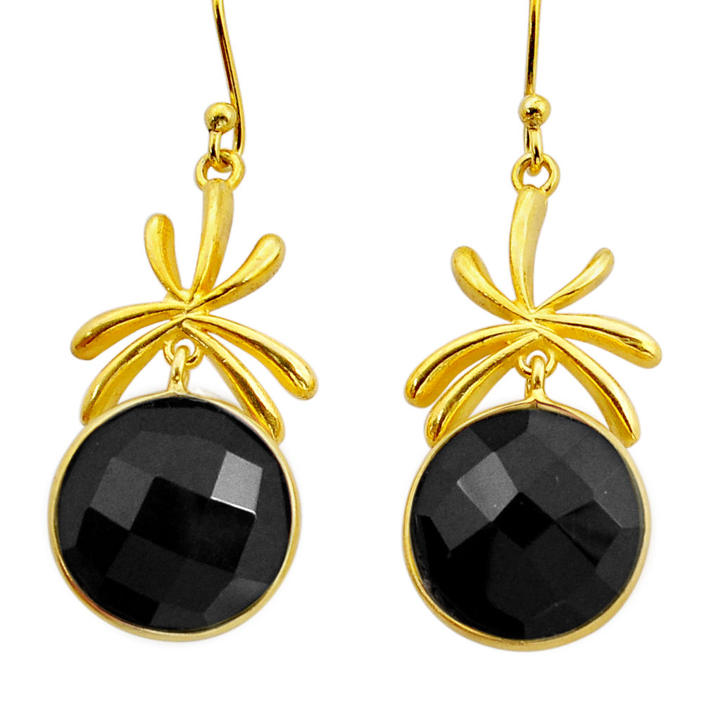 925 silver 17.95cts checker cut natural black onyx gold dangle earrings y8010