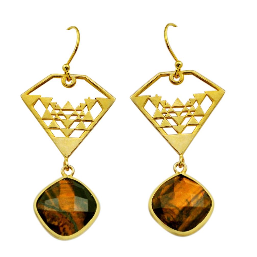 925 silver 15.32cts checker cut natural brown tiger's eye gold earrings n12209