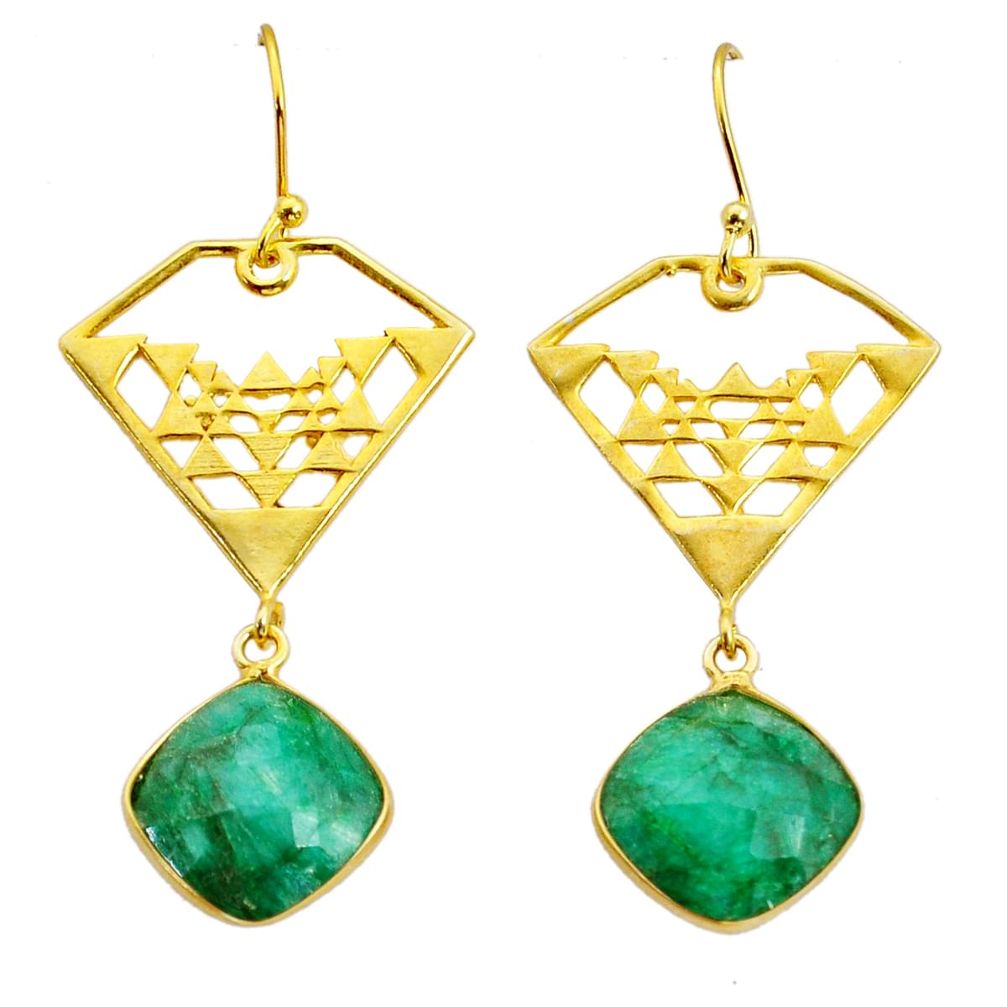 925 silver 12.96cts checker cut natural green emerald gold dangle earrings y2450