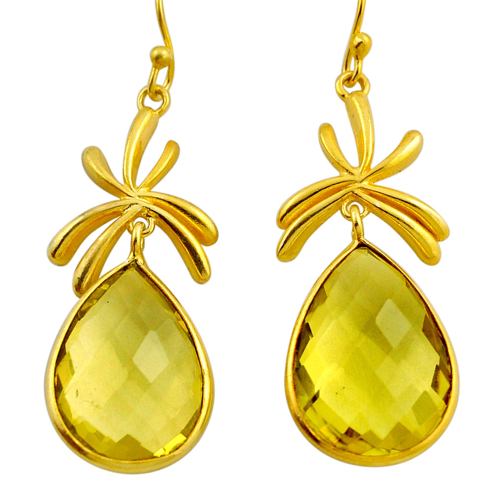 925 silver 19.85cts checker cut natural lemon topaz gold dangle earrings n26396