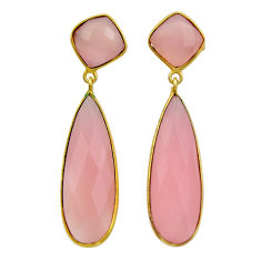 925 silver 34.18cts checker cut natural pink chalcedony gold earrings y22619