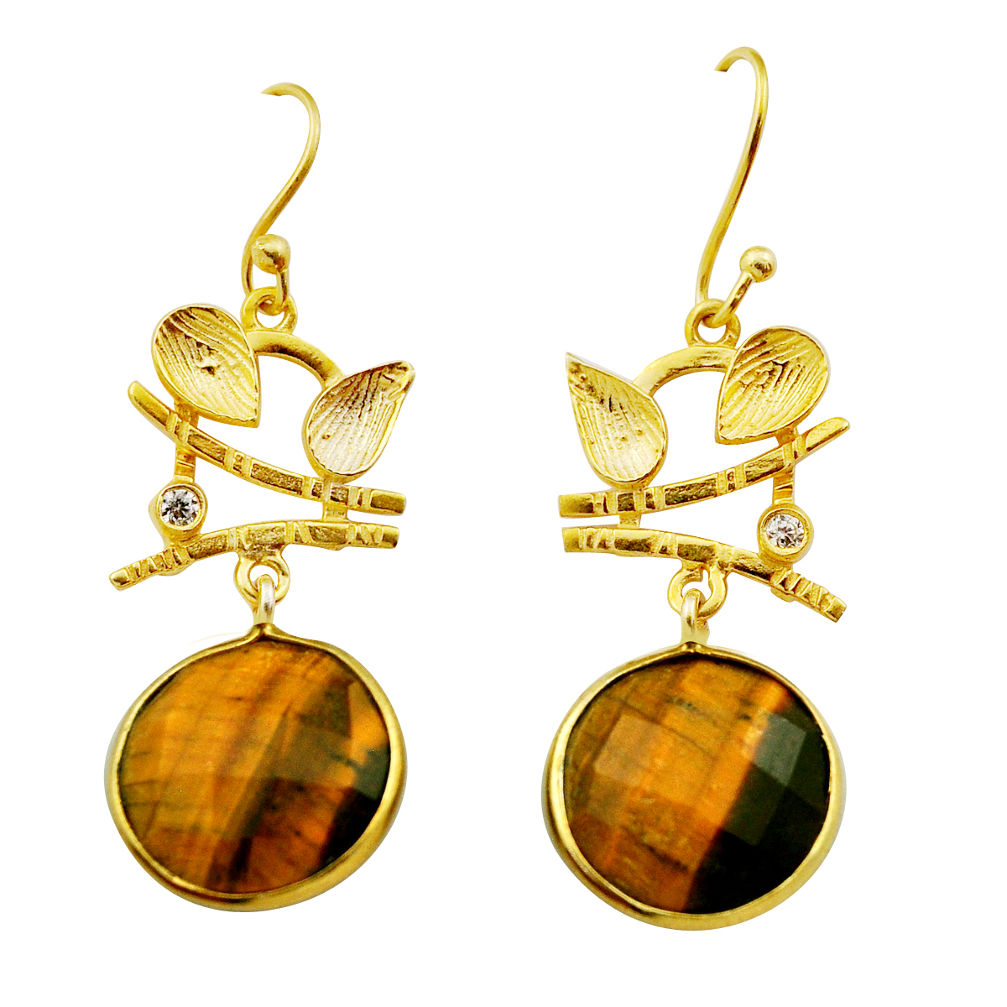 925 silver 14.41cts checker cut natural tiger's eye topaz gold earrings n12212