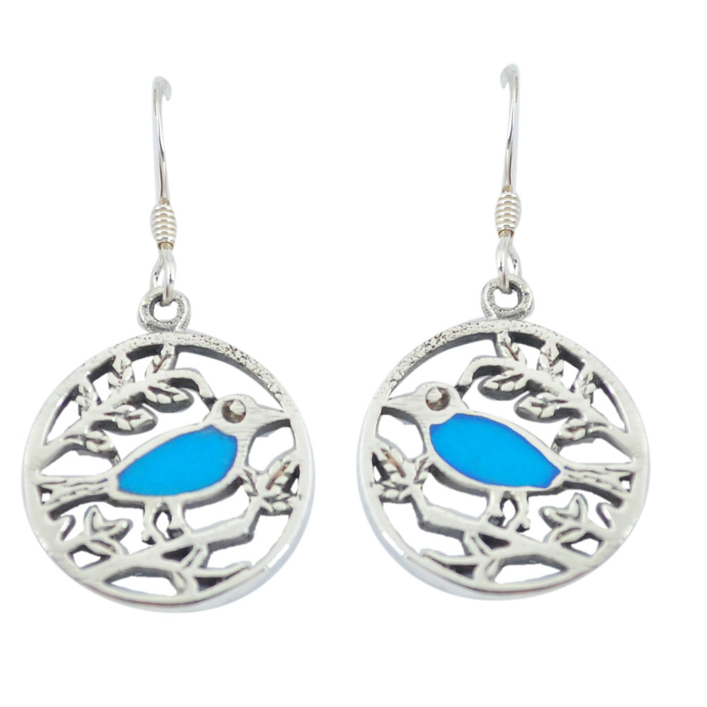 LAB 925 silver 4.27gms fine blue turquoise enamel birds earrings a88627 c14233