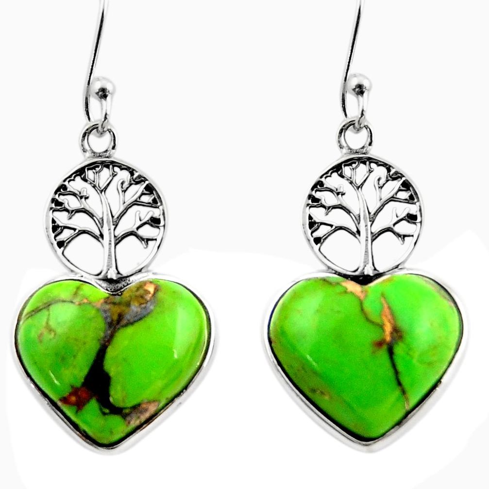 925 silver 9.72cts green copper turquoise heart tree of life earrings r46804