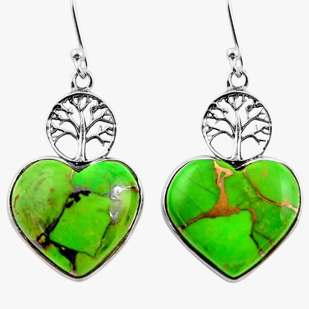 925 silver 12.63cts green copper turquoise heart tree of life earrings r46808