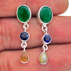925 silver 8.62cts green emerald ethiopian opal sapphire dangle earrings n53123