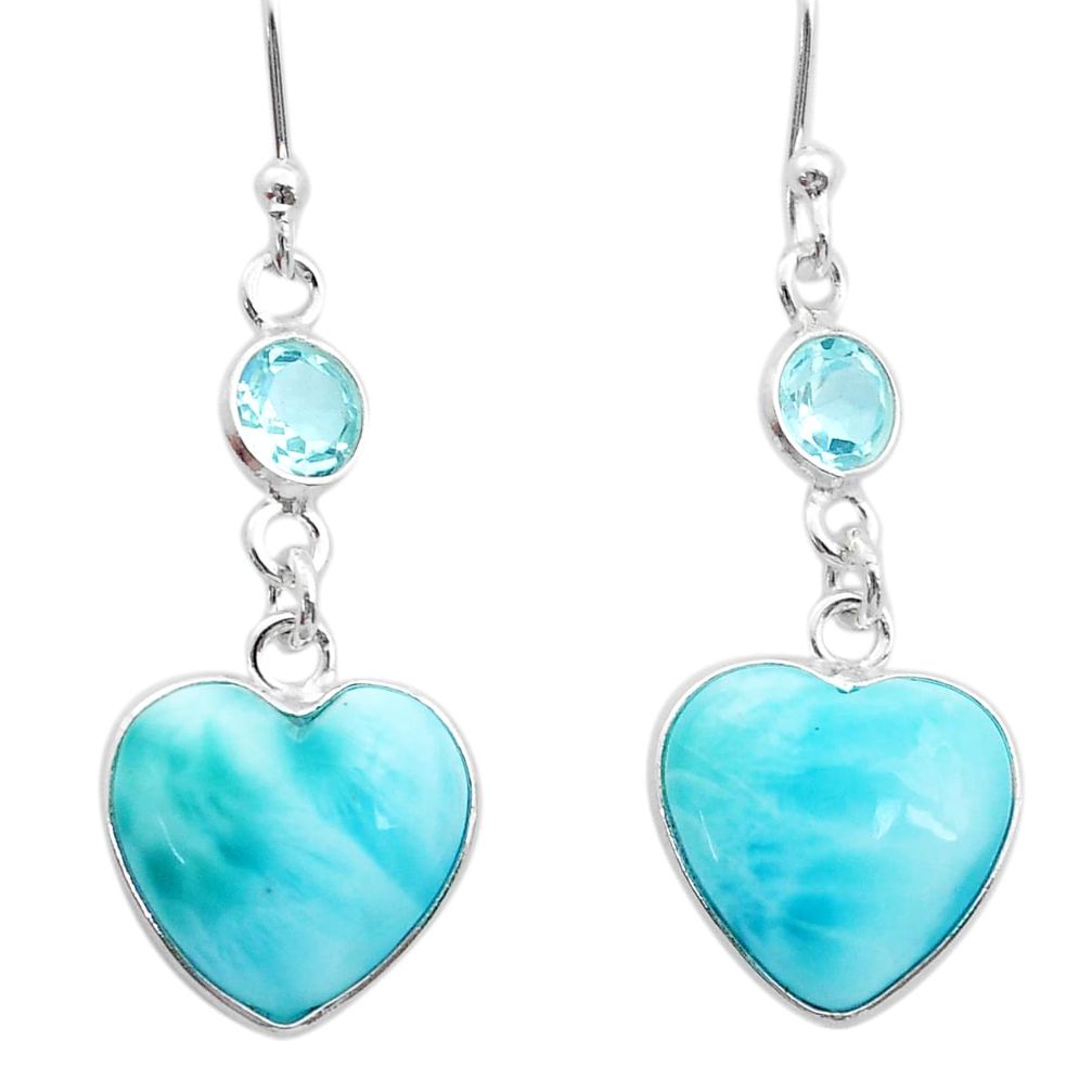 925 silver 10.63cts heart natural blue larimar topaz dangle earrings d50120