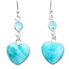 925 silver 10.63cts heart natural blue larimar topaz dangle earrings d50120