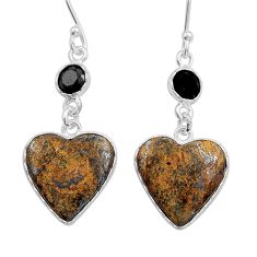 925 silver 13.64cts heart natural brown bronzite onyx dangle earrings y20232