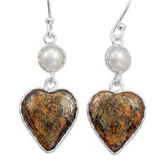 925 silver 13.08cts heart natural brown bronzite pearl dangle earrings y20228