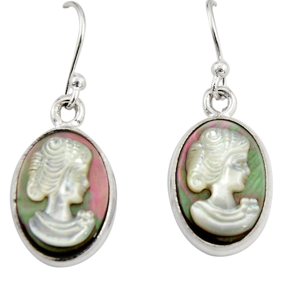 925 silver 9.61cts lady face natural titanium cameo on shell earrings r19848